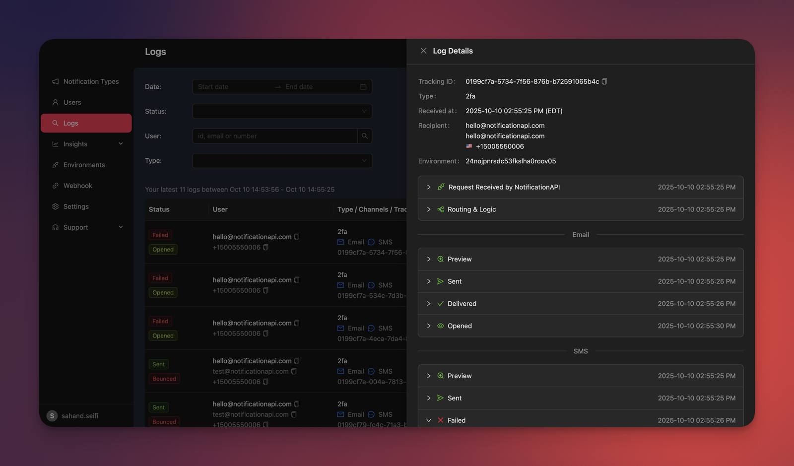 Pingram logs interface showing delivery status, timestamps, and notification details